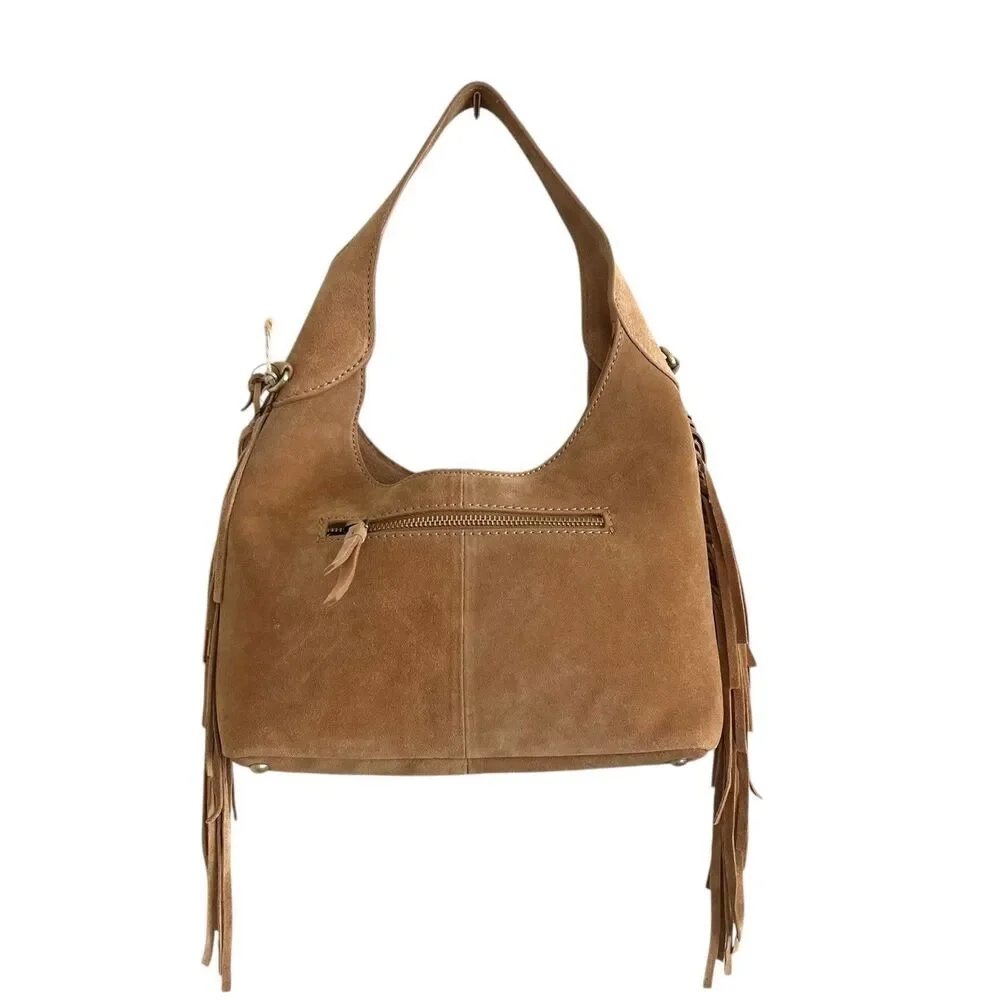 NWT Western Fringe Suede Leather Hobo Bag Tan Cowgirl Festival Crossbody Purse